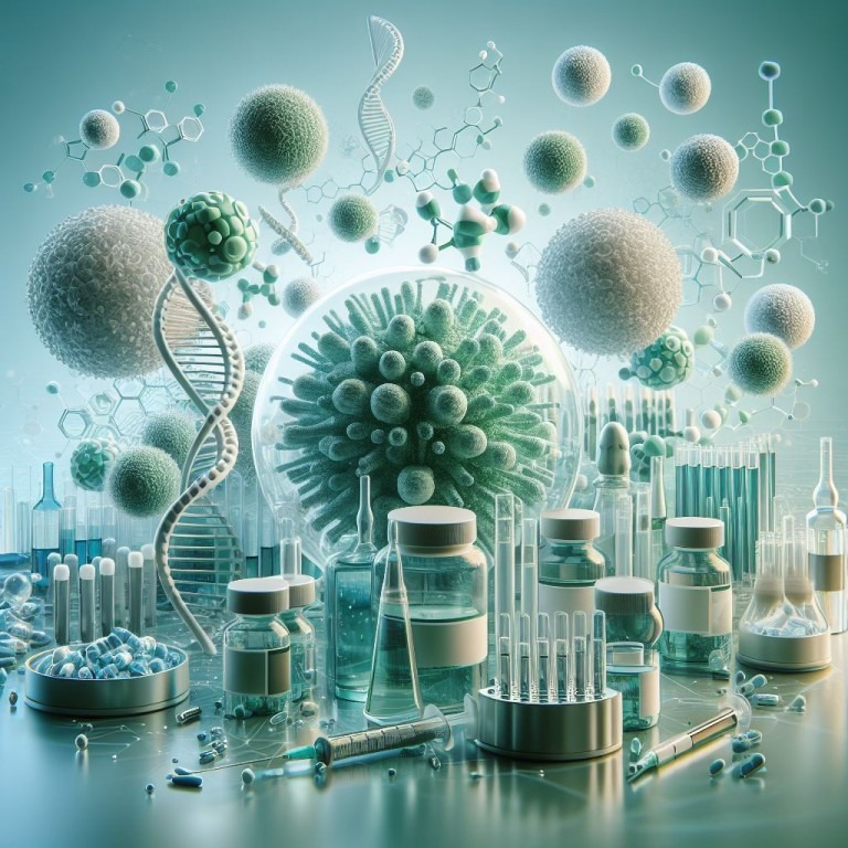 Ein künstlerisches Bild, das Moleküle, Zellen und DNA-Stränge darstellt, umgeben von medizinischen Werkzeugen und Medikamenten, symbolisiert die moderne Forschung und Behandlung von Autoimmunerkrankungen.