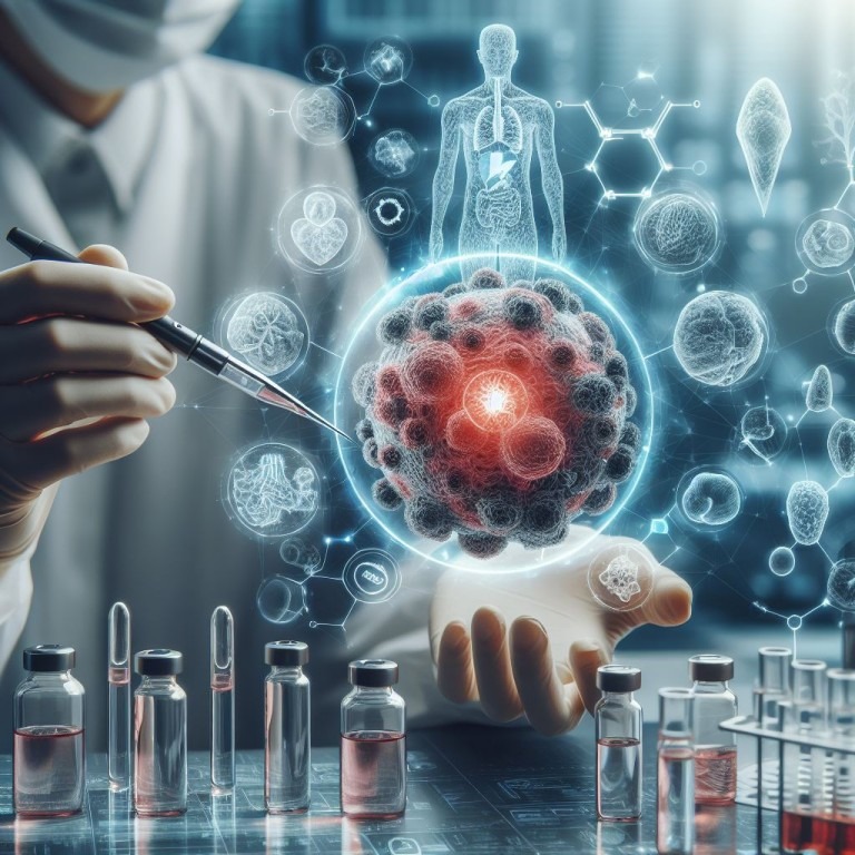Ein Wissenschaftler untersucht ein holographisches Krebsgeschwür, umgeben von Symbolen für Organe und Moleküle, mit Fläschchen im Vordergrund, symbolisiert moderne Techniken in der Krebsbehandlung und Immuntherapie.