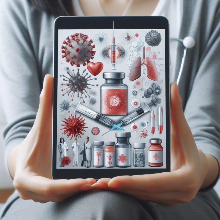 Eine Person hält ein Tablet mit einer Grafik von Zellen, Medikamentenflaschen, menschlichen Figuren in Laborkleidung und Organabbildungen im Zusammenhang mit Immuntherapie und Krebsbehandlung.