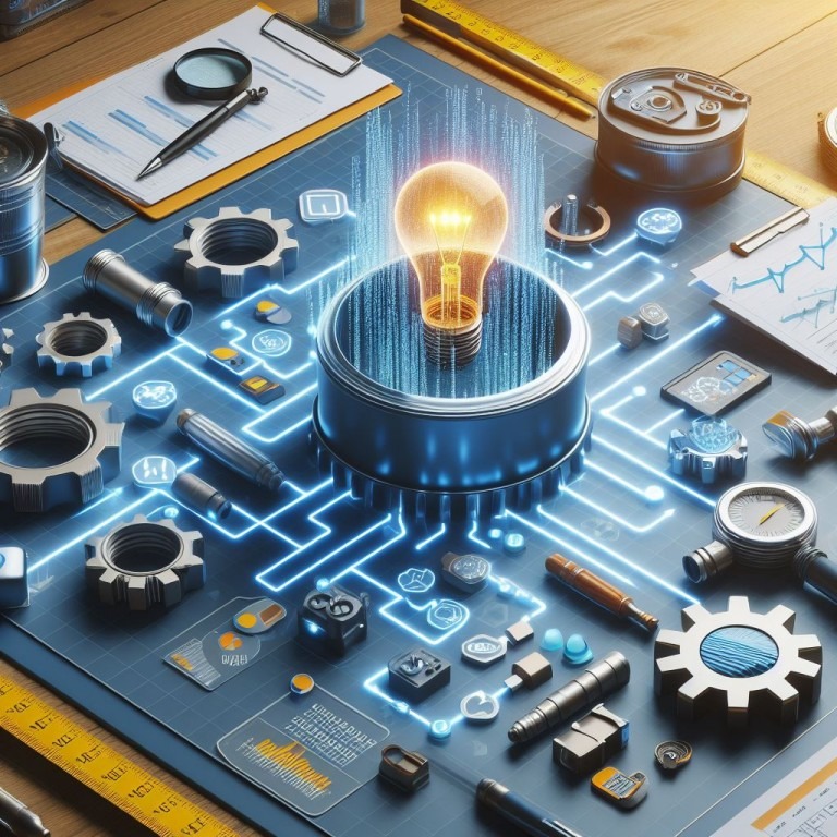 A machine-generated image: An illuminated light bulb stands out against a complex array of blue circuits and mechanical components, epitomizing the blend of creativity and engineering.