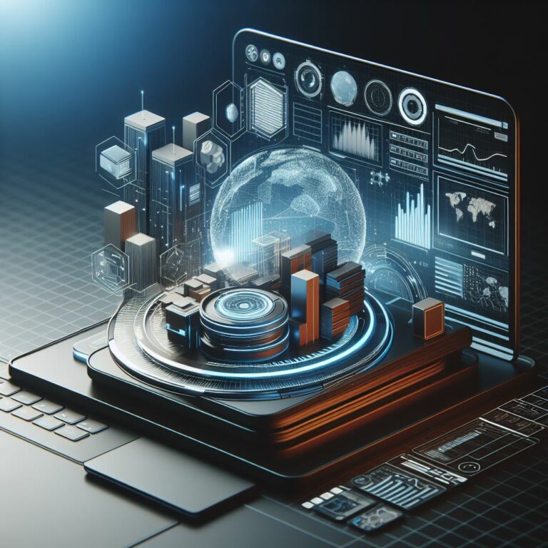 Ein futuristisches Bild, das einen Laptop zeigt, auf dem holographische Elemente wie ein Globus, Diagramme und Gebäude dargestellt sind, ein Sinnbild für die Content-Erstellung in den Branchen Software und IT.