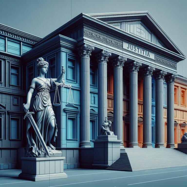 Ein imposantes Justizgebäude, gekennzeichnet durch die Gravur 'JUSTITIA' über den Säulen, und davor die Statue der Justitia, die Waage und Schwert trägt – ein Leitmotiv für die Content-Erstellung für Recht und Gesetzgebung.