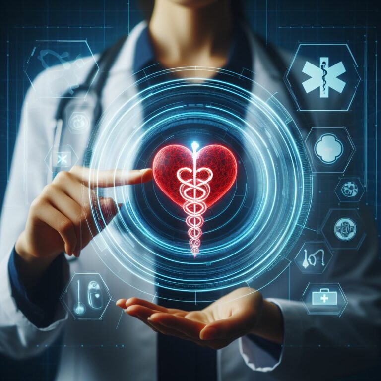 Content-Erstellung für Medizin und Gesundheitswesen: Ein Arzt zeigt auf ein holographisches Herz mit einem medizinischen Symbol, umgeben von interaktiven Icons, die verschiedene Gesundheits- und Medizintechnologien repräsentieren.