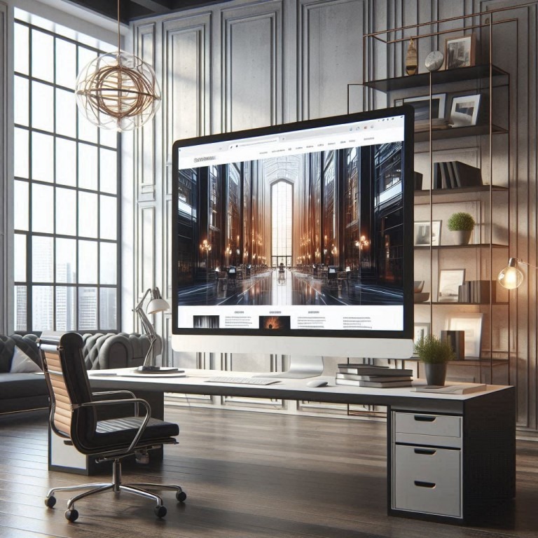 Ein moderner Arbeitsplatz mit einem großen Computermonitor, der eine Webdesign-Vorlage anzeigt, in einem stilvollen und hell beleuchteten Raum.