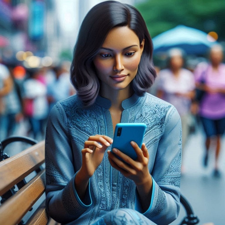 Eine Frau sitzt auf einer Bank und interagiert mit einem Smartphone, das Sinnbild für längere Verweildauer.