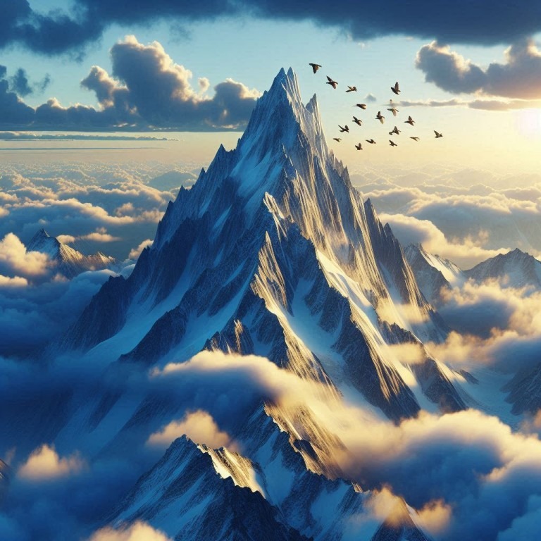 Ein majestätischer Berg, der über den Wolken ragt, mit einer Gruppe von Vögeln, die in der Nähe fliegen, ein Symbolbild für Erfolg.