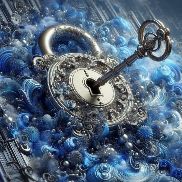 SEO-Optimierung in Aktion: Ein Schlüssel dreht sich im Schloss, umgeben von dynamischen blauen und weißen Mustern.