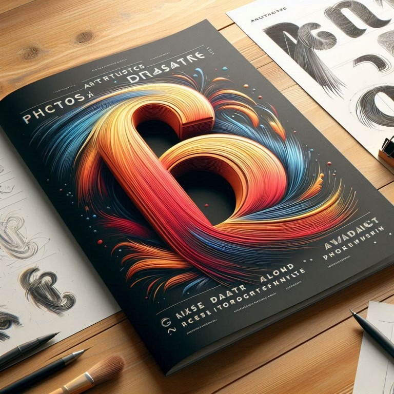 Eine kreative Broschüre mit dynamischer Typografie, das eine unverwechselbare Markenidentität darstellt, liegt auf einem Holztisch neben Skizzen und Zeichenwerkzeugen.