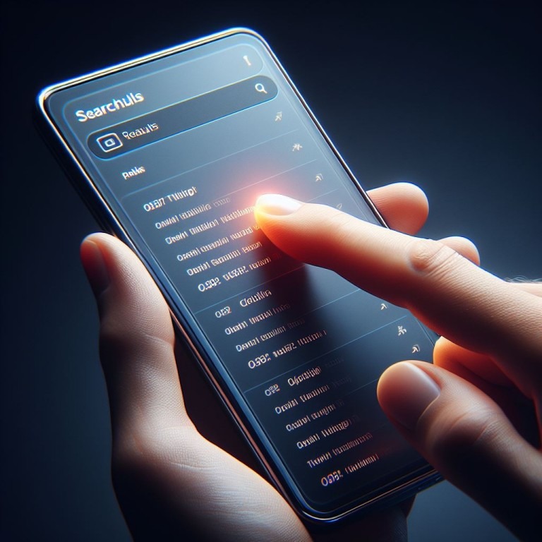 Eine Hand hält ein Smartphone, auf dessen Bildschirm Suchergebnisse angezeigt werden und der Zeigefinger der anderen Hand wählt das Top-Ergebnis aus, ein Sinnbild für SEO-Optimierung durch Content-Design.