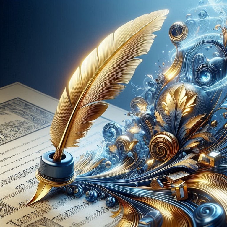 Ein goldenes Federkiel und Tintenfass auf einem mit Noten bedruckten Papier, umgeben von einem Wirbel aus goldenen und blauen Ornamenten, die „Content und Design“ symbolisieren.