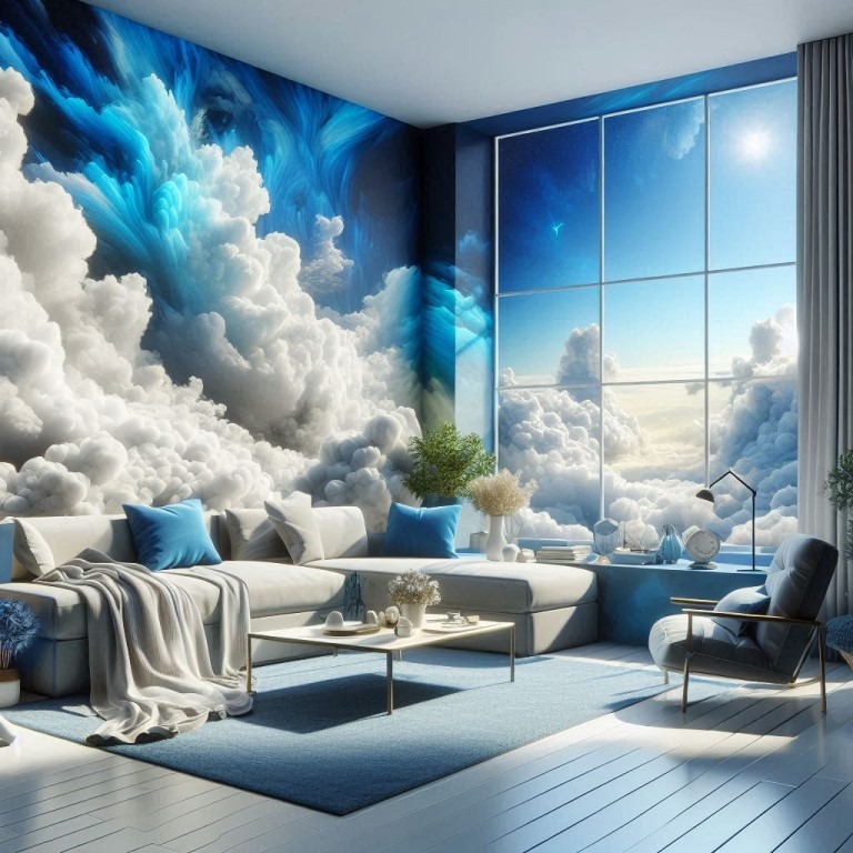 Ein modernes Wohnzimmer mit einer atemberaubenden Wand- und Fensteransicht von dichten, weißen Wolken und einem klaren blauen Himmel.