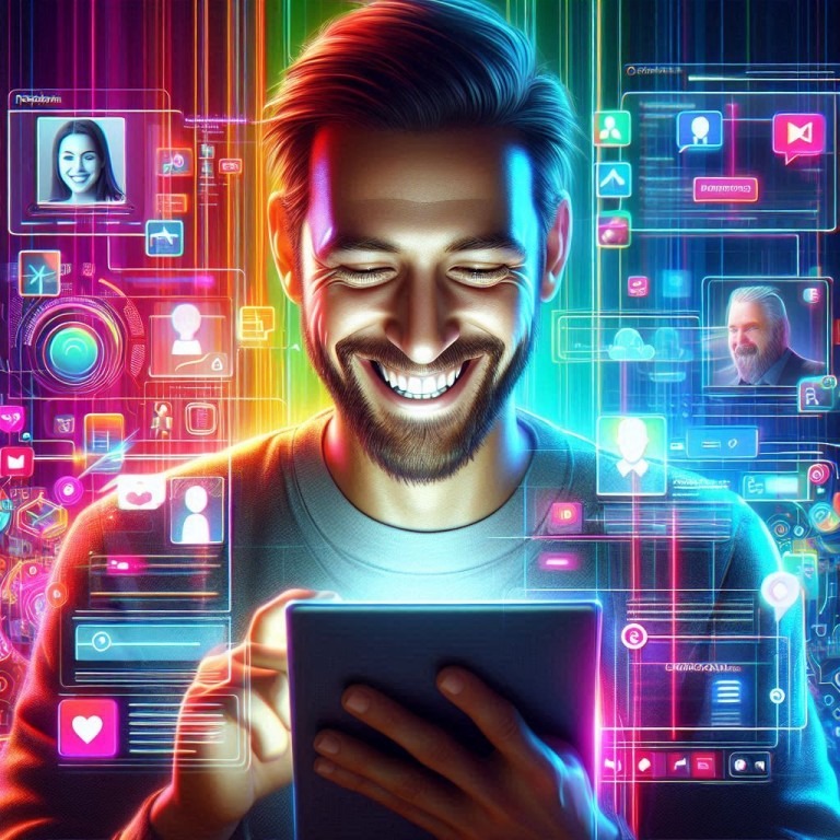 Ein Benutzer mit einem Tablet, umgeben von leuchtenden, digitalen Symbolen und Interfaces, die benutzerzentrierte Designprinzipien darstellen.