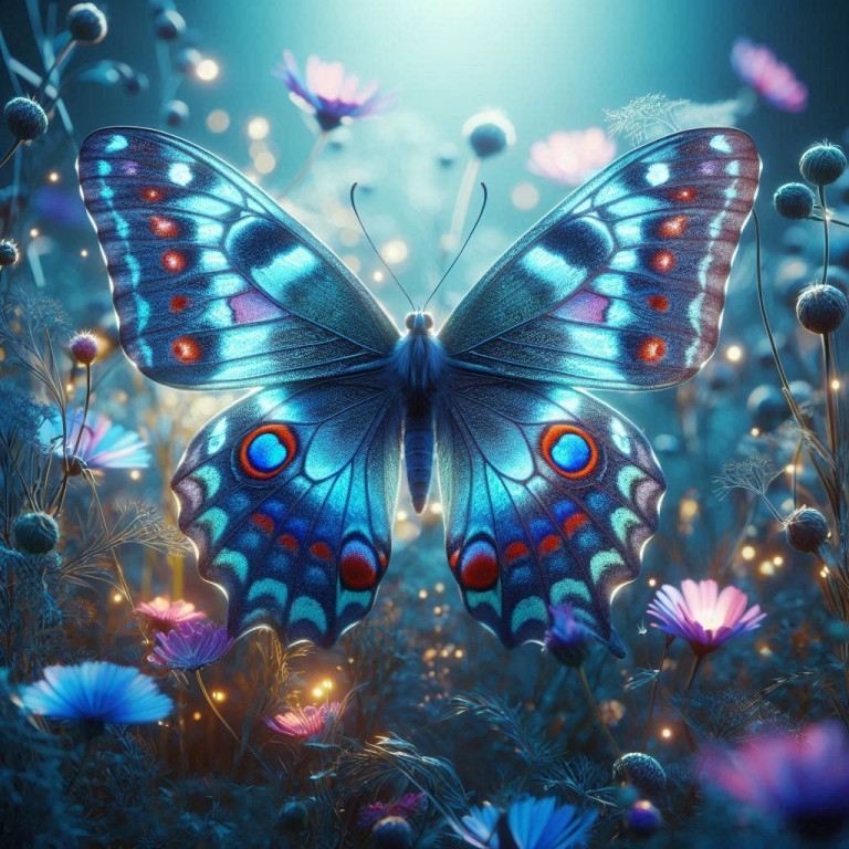 Ein lebendig gefärbter Schmetterling mit blauen und roten Markierungen auf den Flügeln, umgeben von leuchtenden Blumen und Pflanzen in einem magisch beleuchteten Garten.