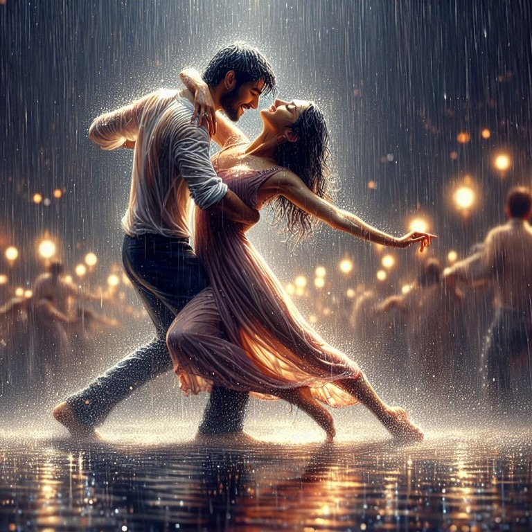Zwei Tänzer auf einer regennassen Straße, umgeben von städtischem Treiben, verkörpern Leidenschaft und Kreativität im Tanz.