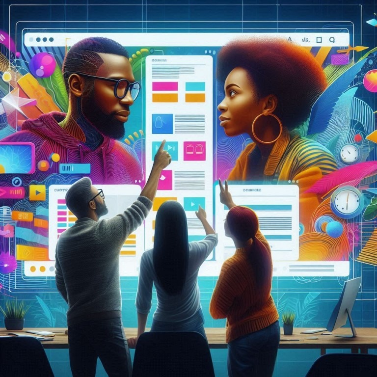 Ein Team von drei Personen arbeitet gemeinsam an einer farbenfrohen, digitalen Benutzeroberfläche, die auf einem großen Bildschirm dargestellt wird. Die Szene symbolisiert Kreativität und Zusammenarbeit zwischen Entwicklern und Designern.