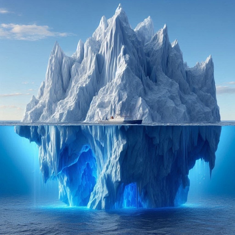 Ein majestätischer Eisberg, der sowohl über als auch unter der Wasseroberfläche sichtbar ist, mit einem Schiff, das in der Nähe fährt. Der Eisberg illustriert die Bedeutung von Design im Kontext von Tiefe und Sichtbarkeit.