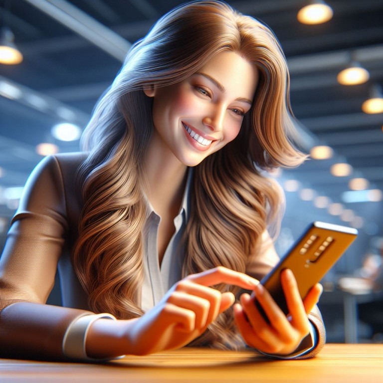 Eine Frau mit langen, welligen Haaren sitzt an einem Tisch und interagiert mit einem Smartphone, begeistert von dem gelungenen Content-Design.