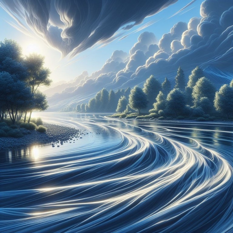 Ein dynamischer Fluss schlängelt sich durch eine malerische Landschaft. Seine spiegelglatte Oberfläche reflektiert das Licht der Sonne, während sanfte Windböen die Bäume entlang des Ufers wiegen. Die Szene vermittelt ein Gefühl von Bewegung und Entwicklung, während der Fluss unaufhörlich fließt.