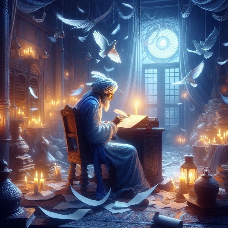 Eine Person in traditioneller Kleidung liest ein Buch in einem kerzenbeleuchteten Raum, umgeben von fliegenden Tauben, die die Verbindung von Content und Design darstellen.