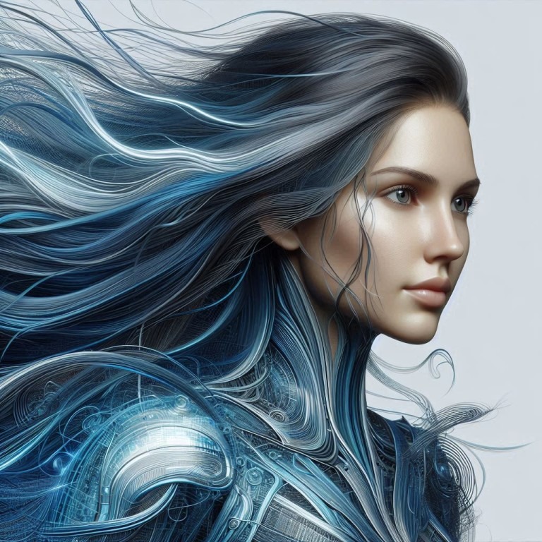 Eine Frau mit fließendem, blauem Haar, das sich in digitale Muster verwandelt, verkörpert digitale Inhalte, die Trends setzen.