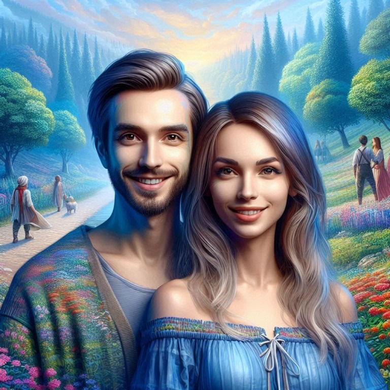 Das Bild zeigt zwei Personen, die vor einem farbenfrohen Hintergrund stehen, der eine lebendige Landschaft mit Blumen, Bäumen und einem Pfad darstellt. Die Blicke richten sich in die Ferne, voller Vorfreude auf die Abenteuer, ein Symbolbild für Harmonie mit den Nutzern.