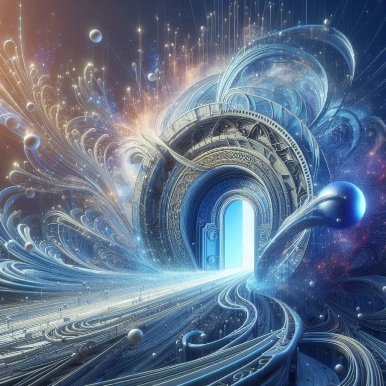 Eine spiralförmige Passage führt zu einem leuchtenden Portal, umgeben von Sternen, symbolisch für das leuchtende Tor zu neuen Möglichkeiten durch Erstellen von Unternehmensbeschreibungen bei der Content-Erstellung.