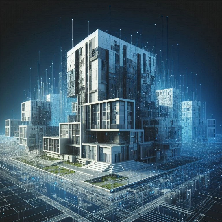 Ein modernes Gebäude, umgeben von digitalen Linien und Strukturen, die eine komplexe und vernetzte Inhaltsarchitektur symbolisieren.