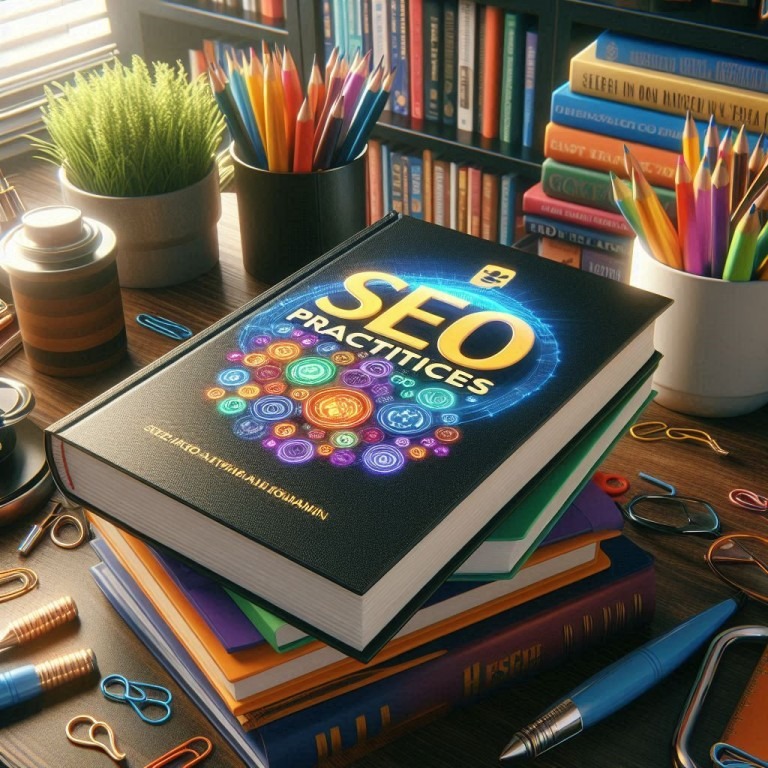 Ein Buch mit dem Titel “SEO PRACTICES” auf einem Tisch, umgeben von Schreibwaren.
