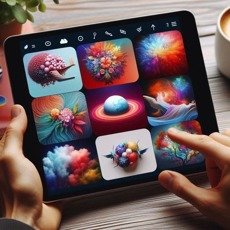 Ein Tablet, das in den Händen gehalten wird und acht einzigartige und farbenfrohe Logos, Icons und Bilder zeigt.