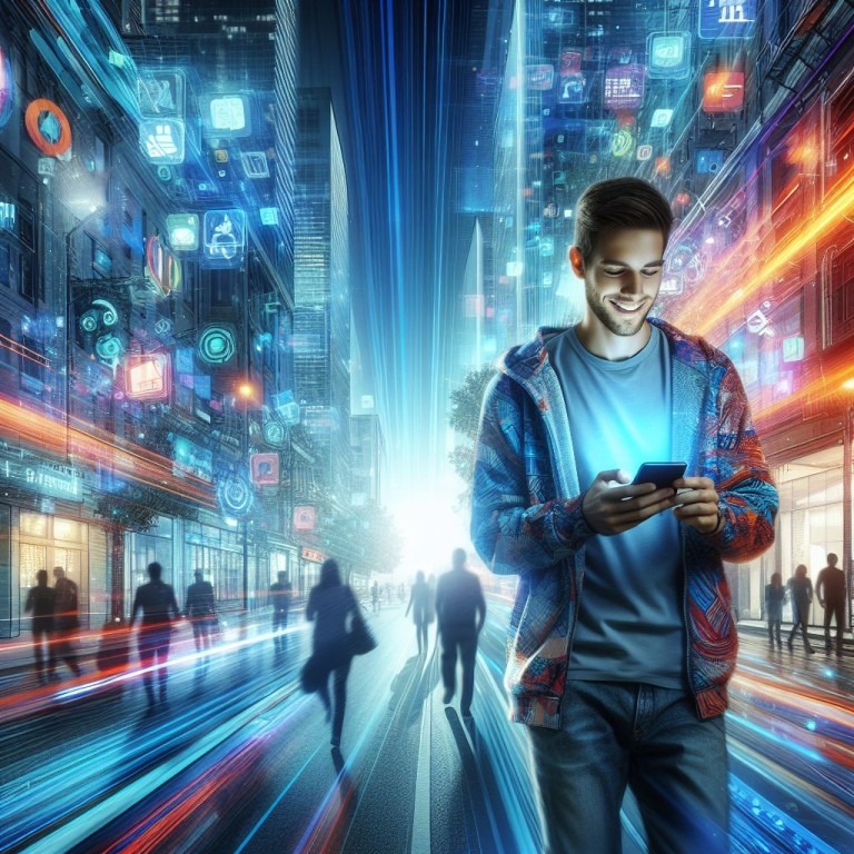 Eine Person steht im Zentrum einer futuristischen Stadtlandschaft und blickt auf ein Smartphone. Die Umgebung ist erleuchtet mit Neonlichtern und digitalen Symbolen, die verschiedene soziale Medien und Kommunikationstechnologien darstellen und in der Luft schweben. Die Szene vermittelt ein Gefühl von schnellem Datenaustausch und Konnektivität.