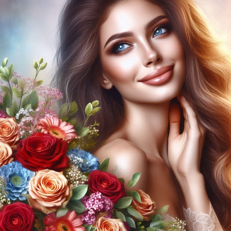 Eine wunderschöne Frau, die einen prächtigen Blumenstrauß in der Hand hält und verliebt lächelnd schaut.