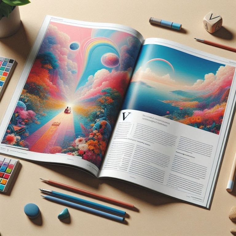 Ein harmonisches Zusammenspiel von Text und Grafik in einem offenen Magazin, das durch symmetrische Elemente und ausgewogene Farbgebung besticht.