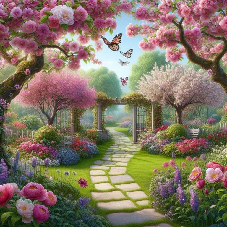 Ein lebendiger Gartenweg führt durch einen Torbogen, umgeben von üppigem Grün und einer Vielzahl bunter Blumen. Schmetterlinge flattern in der Luft und beleben die Szene.