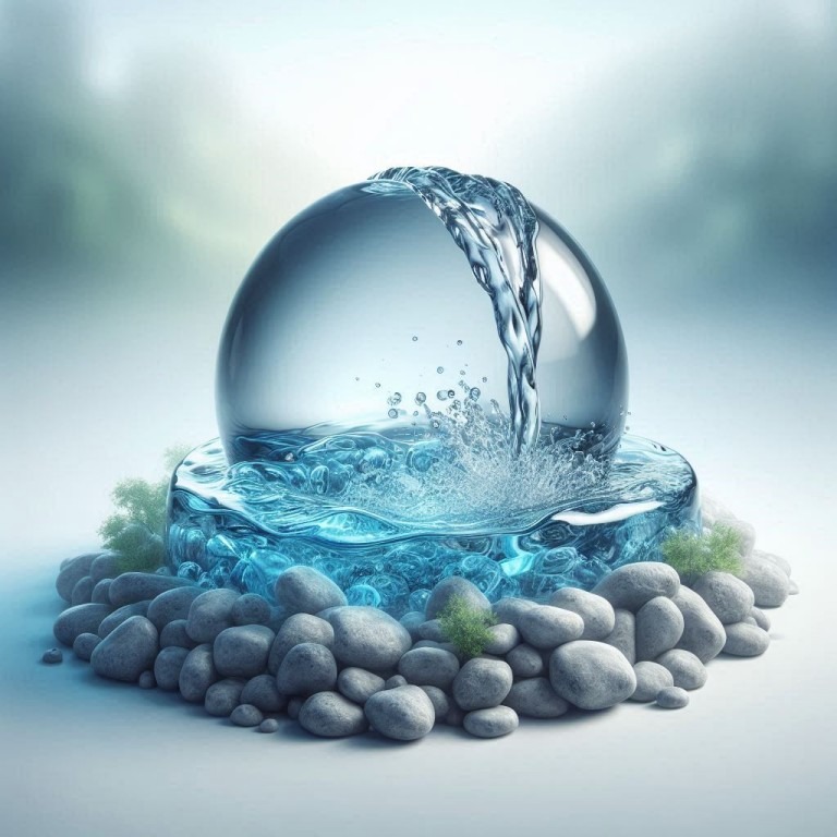Eine transparente Kugel, aus der Wasser fließt, auf einem Bett aus glatten Steinen, umgeben von einem ruhigen blauen Wasser, symbolisiert die Klarheit in der digitalen Welt.