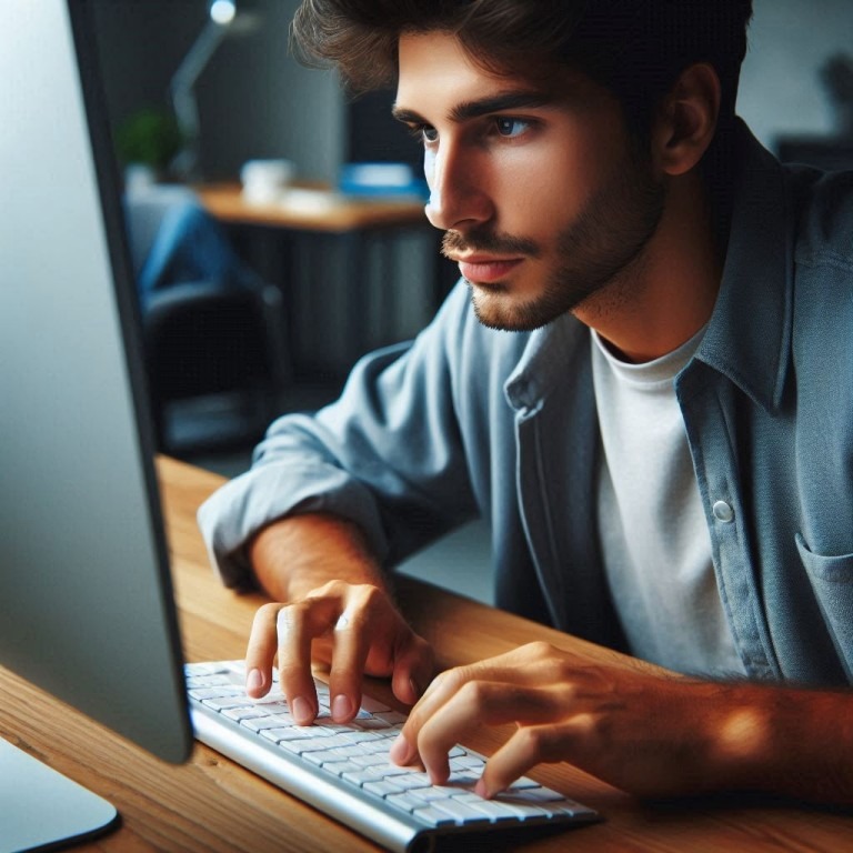 Eine Geschäftsperson arbeitet an einem Computer an einer Unternehmensbeschreibung.