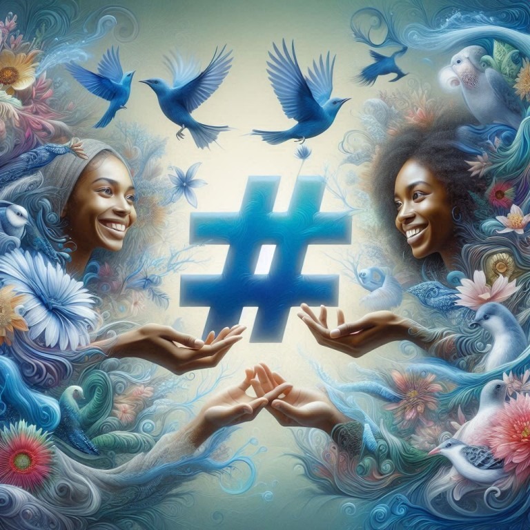 Eine symbolische Darstellung mit einem großen blauen Hashtag im Zentrum, umgeben von Händen, die aufeinander zugehen, und Vögeln, die umherfliegen, umgeben von floralen Mustern, die ein Gefühl von Verbindung und gemeinsamen Erlebnissen in sozialen Medien vermitteln.