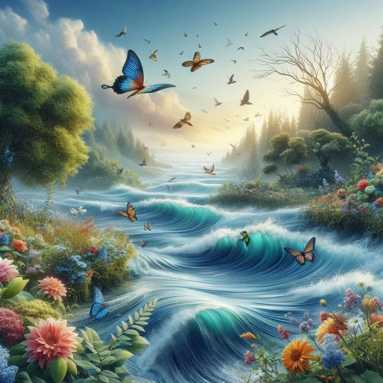 Ein friedlicher Fluss durchzieht eine farbenfrohe Landschaft, geschmückt mit einer Vielfalt an Blumen und Schmetterlingen unter einem strahlenden Sonnenaufgang.