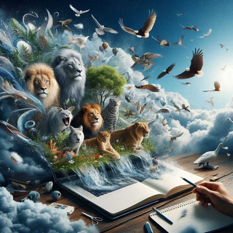 Ein offenes Buch auf einem Tisch, dessen Seiten sich in eine lebendige Szene mit vielfältiger Tierwelt unter einem mondbeleuchteten Himmel verwandeln, symbolisiert kraftvolles Storytelling.