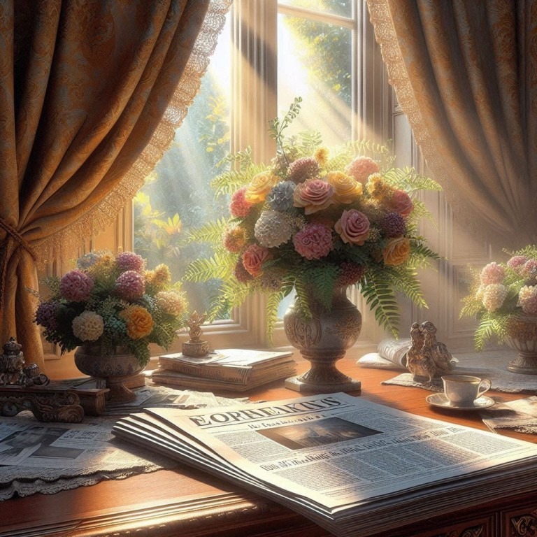 Ein friedvolles Interieur mit einem sonnenbeschienenen Blumenstrauß am offenen Fenster mit Vorhängen, neben einer offenen Zeitung und Büchern.