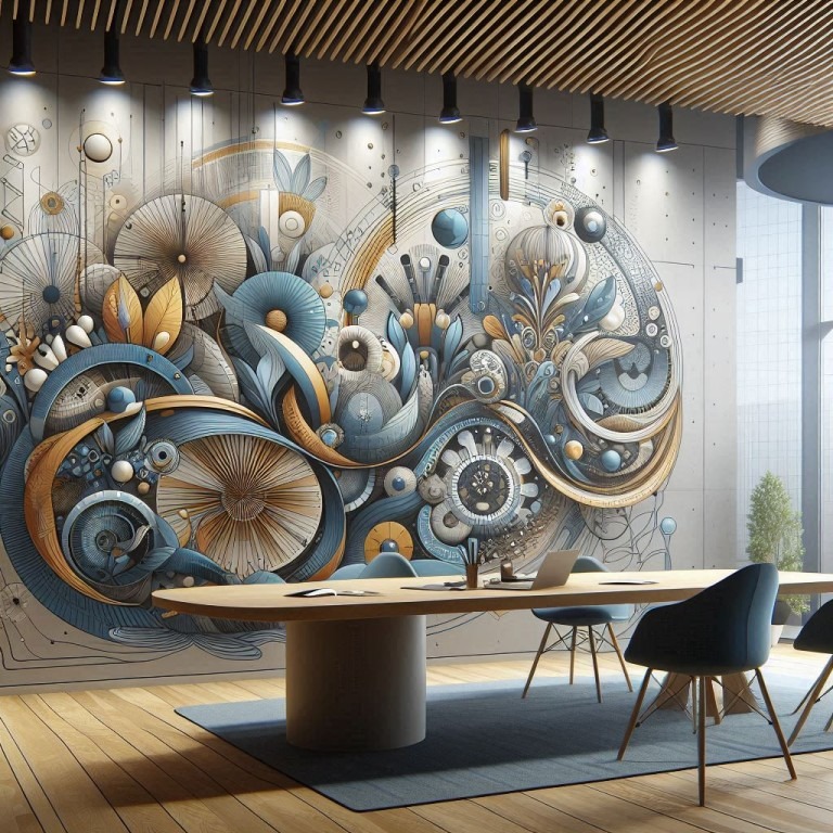 Modernes Büro- oder Besprechungszimmer mit einer großen, komplexen Wandmalerei, die abstrakte und geometrische Formen in Blau-, Gold- und Weißtönen zeigt.