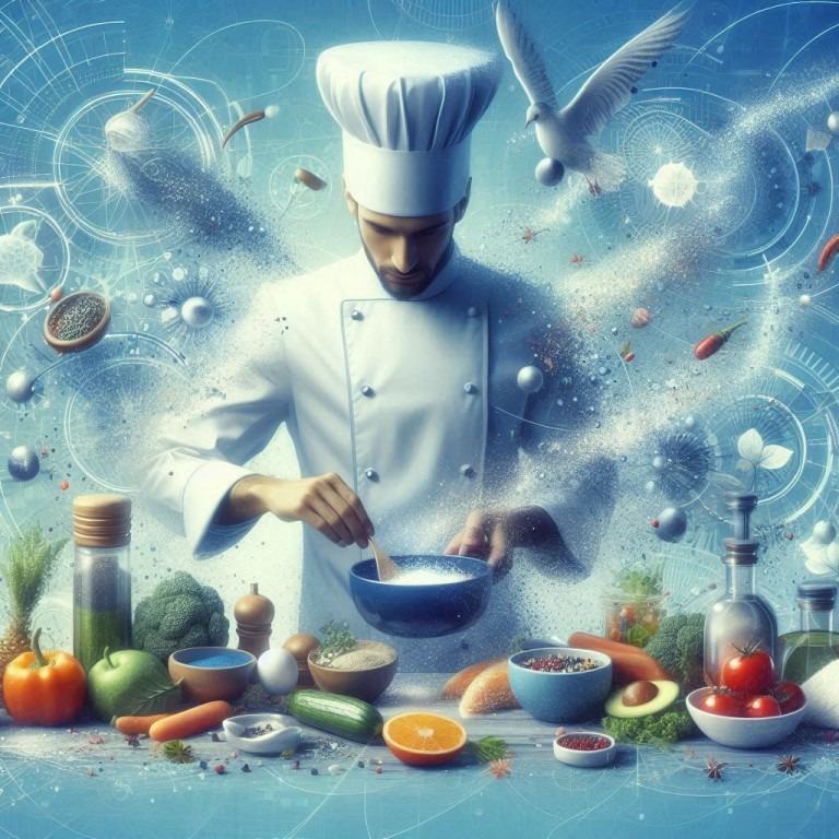 Ein Chefkoch bereitet ein Gericht in einer Küche zu, wobei jede Zutat und Prise Gewürz perfekt abgestimmt ist. Die Zutaten repräsentieren den Inhalt, während die Anrichtung das Design symbolisiert, das das Gericht visuell ansprechend macht.