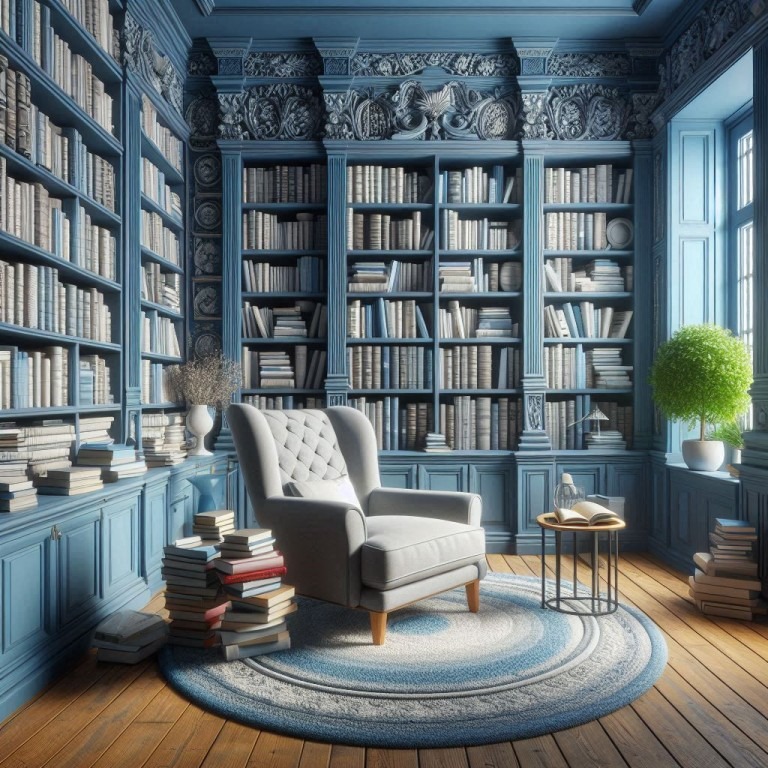 Eine detailreiche Bibliothek, die mit einem gemütlichen Lesewinkel und einem bequemen Sessel zum stundenlangen Schmökern in Büchern einlädt.