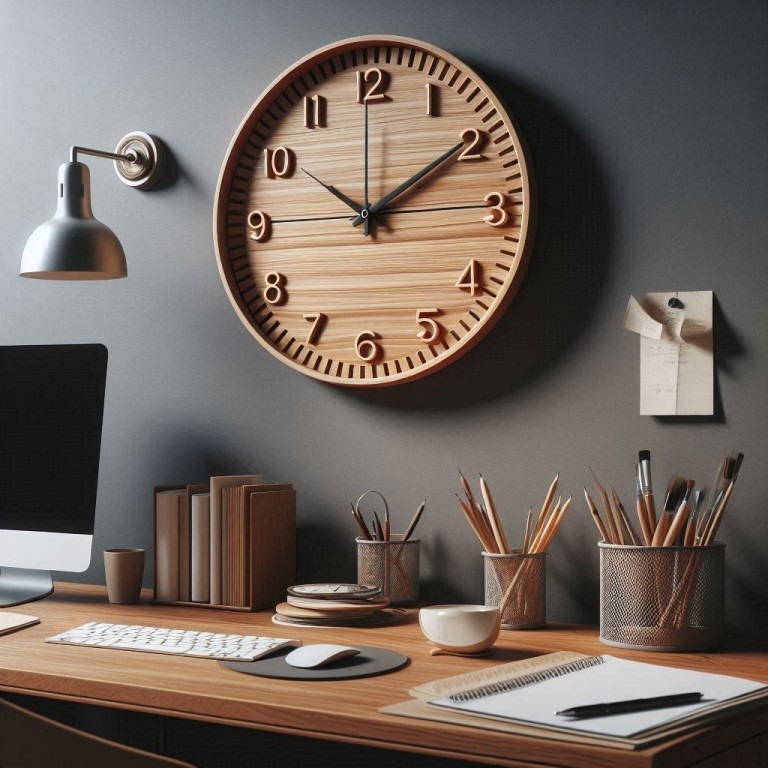 A well-organized workspace featuring a large wooden wall clock showing the time, a desktop computer, neatly arranged books, stationery holders with pencils, and a notepad. The setup conveys an orderly environment emphasizing time management.