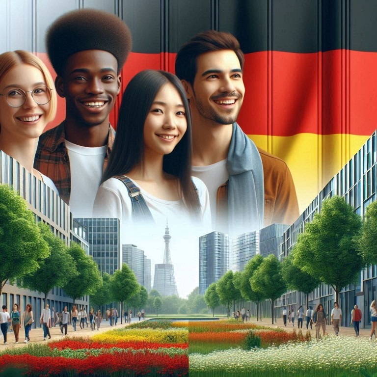 A composite image showing four people in front of a split background depicting city life and nature, overlaid with the German flag: an emblem for Localization - Content Creation for the German Market.