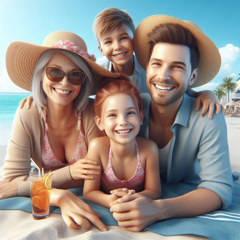 A happy family enjoying their vacation on the beach.