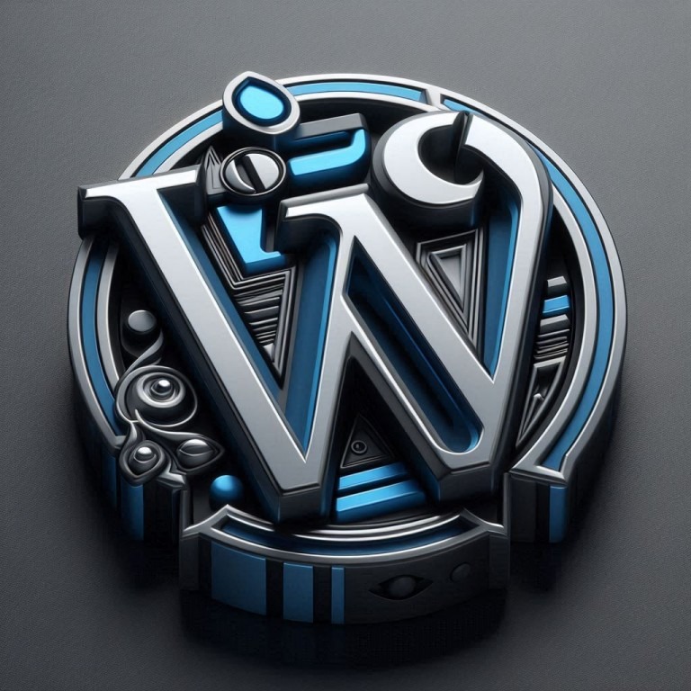 Eine 3D-metallische Darstellung des WordPress-Logos mit reflektierenden blauen und grauen Oberflächen.