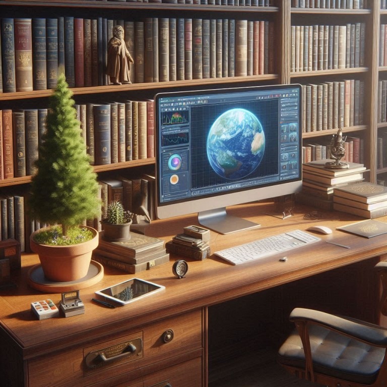 Ein Computermonitor auf einem Holzschreibtisch zeigt die Erde, umgeben von Lernmaterialien, was auf eine E-Learning-Umgebung hinweist.