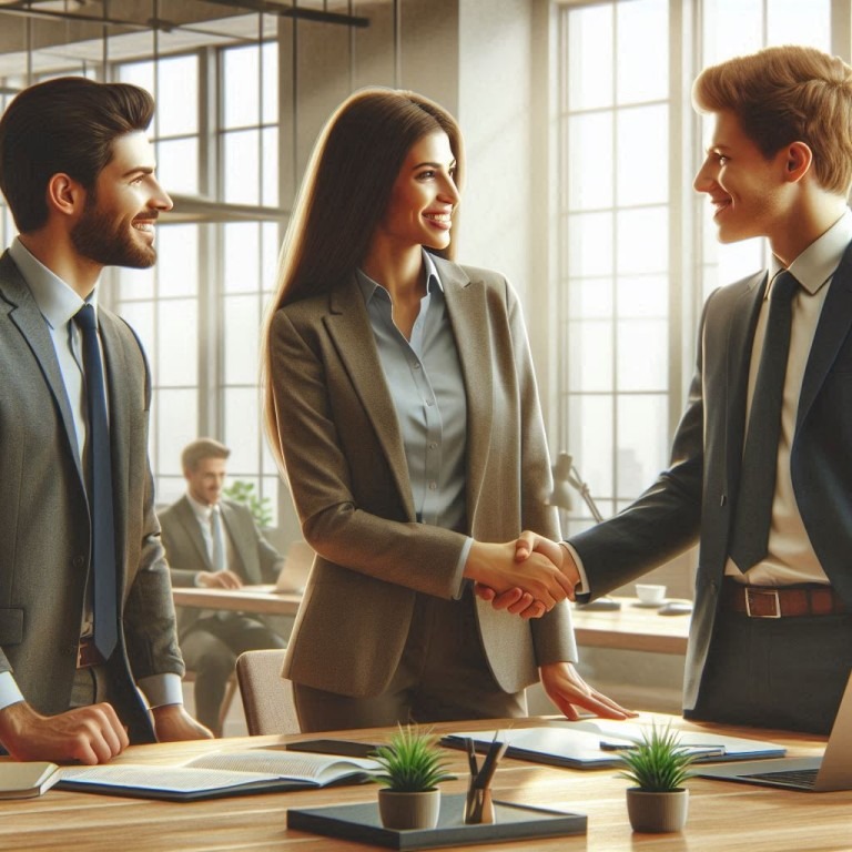 The image depicts three individuals in a professional setting, two of whom are shaking hands across a table.