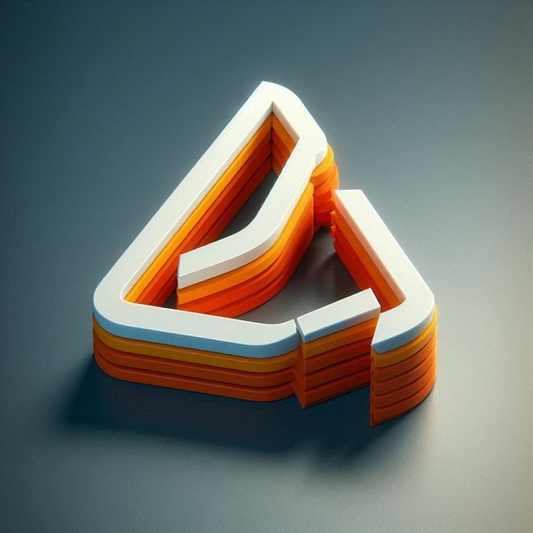 3D-Dreieck in orange und weiß mit modernen, minimalistischen Mustern.