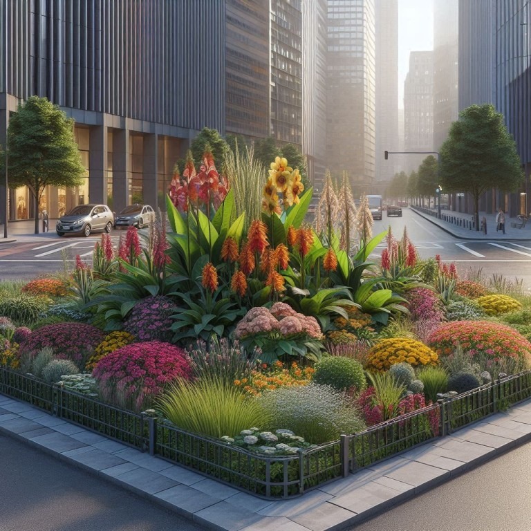 A vibrant urban garden in the middle of a street, surrounded by tall buildings. The garden is full of various plants and flowers, creating a stark contrast to the concrete surroundings.